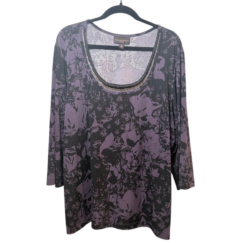 Dana Buchman Black and Purple Graphic 3/4 Sleeve‎ Blouse Women’s 2X Casual